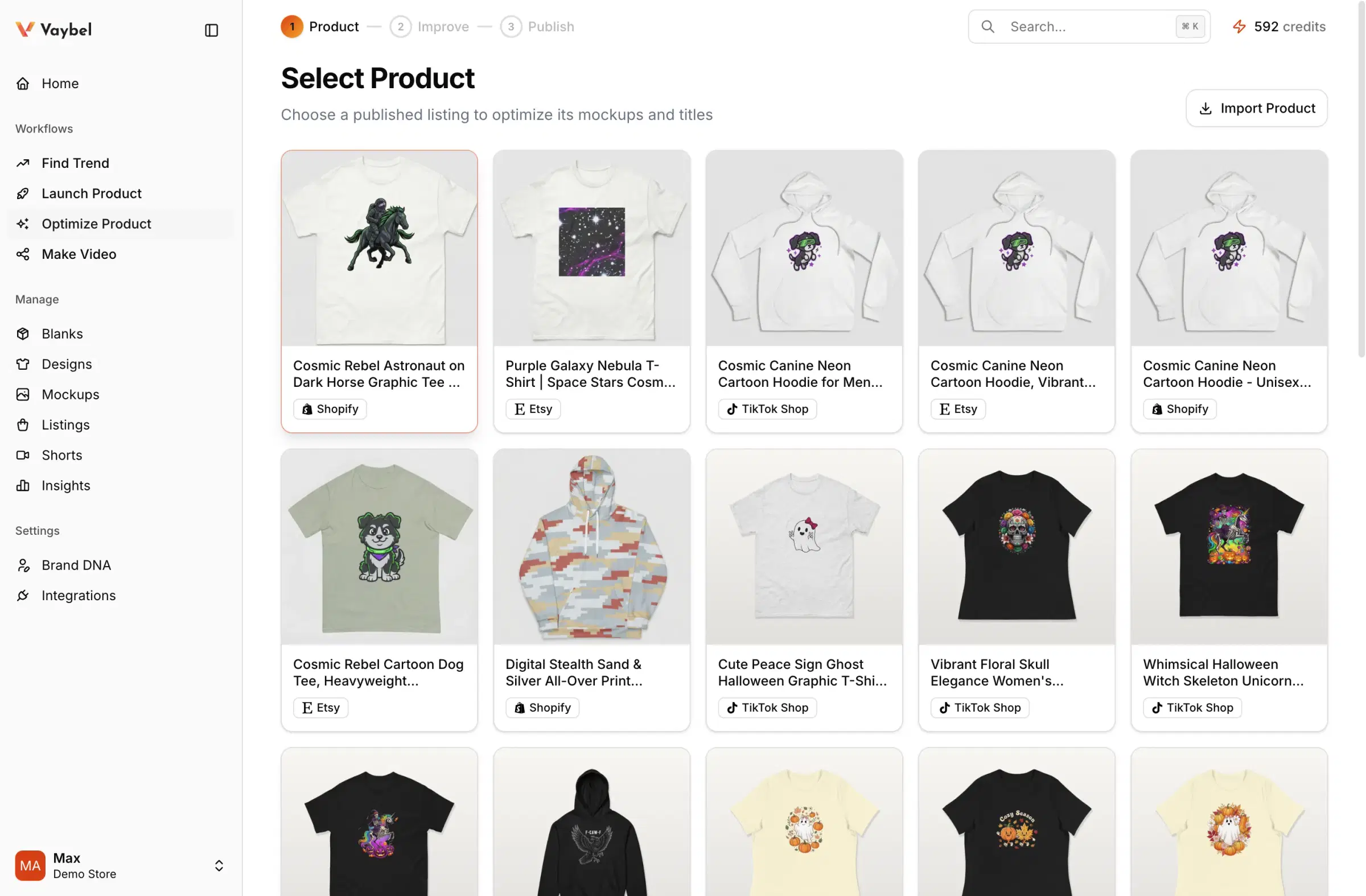 Vaybel dashboard optimize flow showing the Select Product screen with the Import Product button in the header.