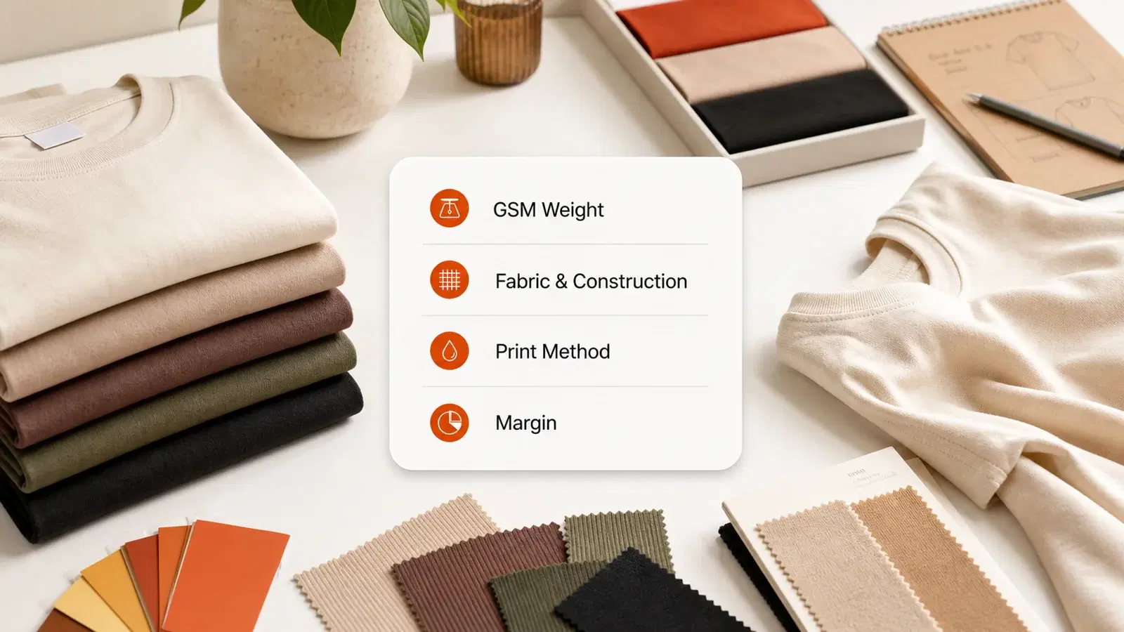 Apparel blanks in multiple colors and fabric weights laid out for a clothing brand, illustrating how to choose the right blank for print on demand
