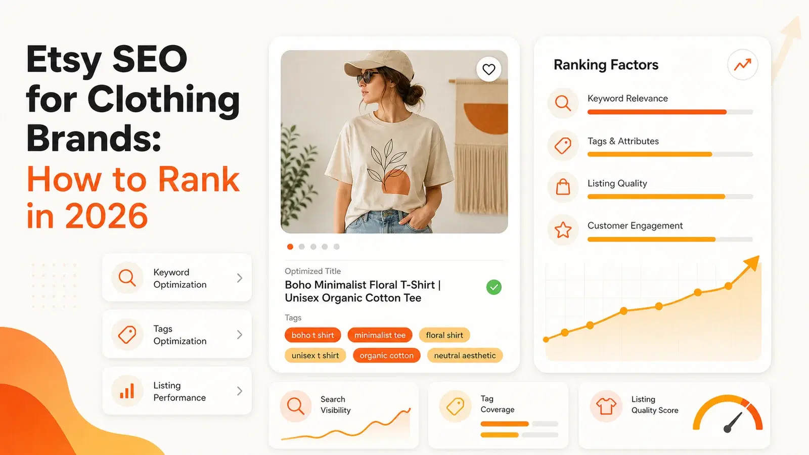 Etsy SEO for clothing brands — AI-powered listing optimization dashboard showing title, tags, and ranking metrics for apparel products