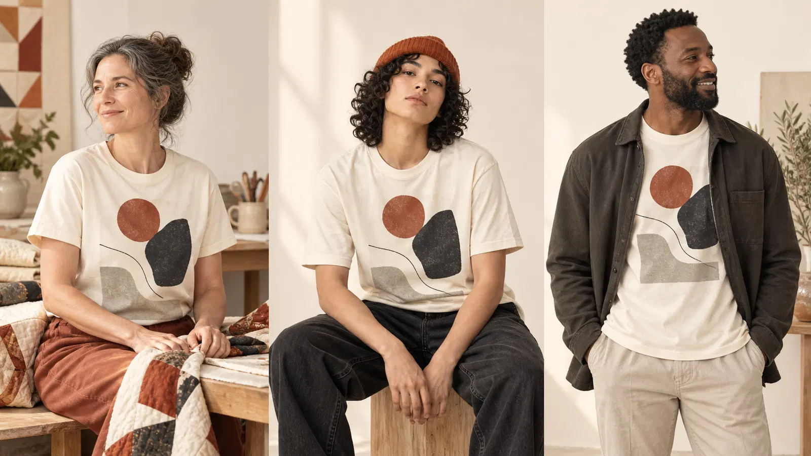 Three on-model garment shots of the same printed tee on different AI models — a 45-year-old quilter, a 22-year-old streetwear wearer, and a third adult — each a different body the garment is shown on, no text.