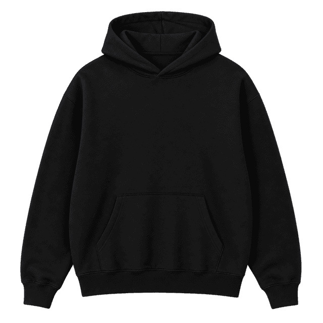 Illustrative black hoodie for an essentials drop