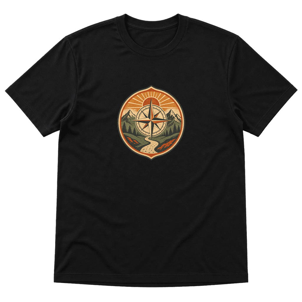 The same compass artwork on a black T-shirt