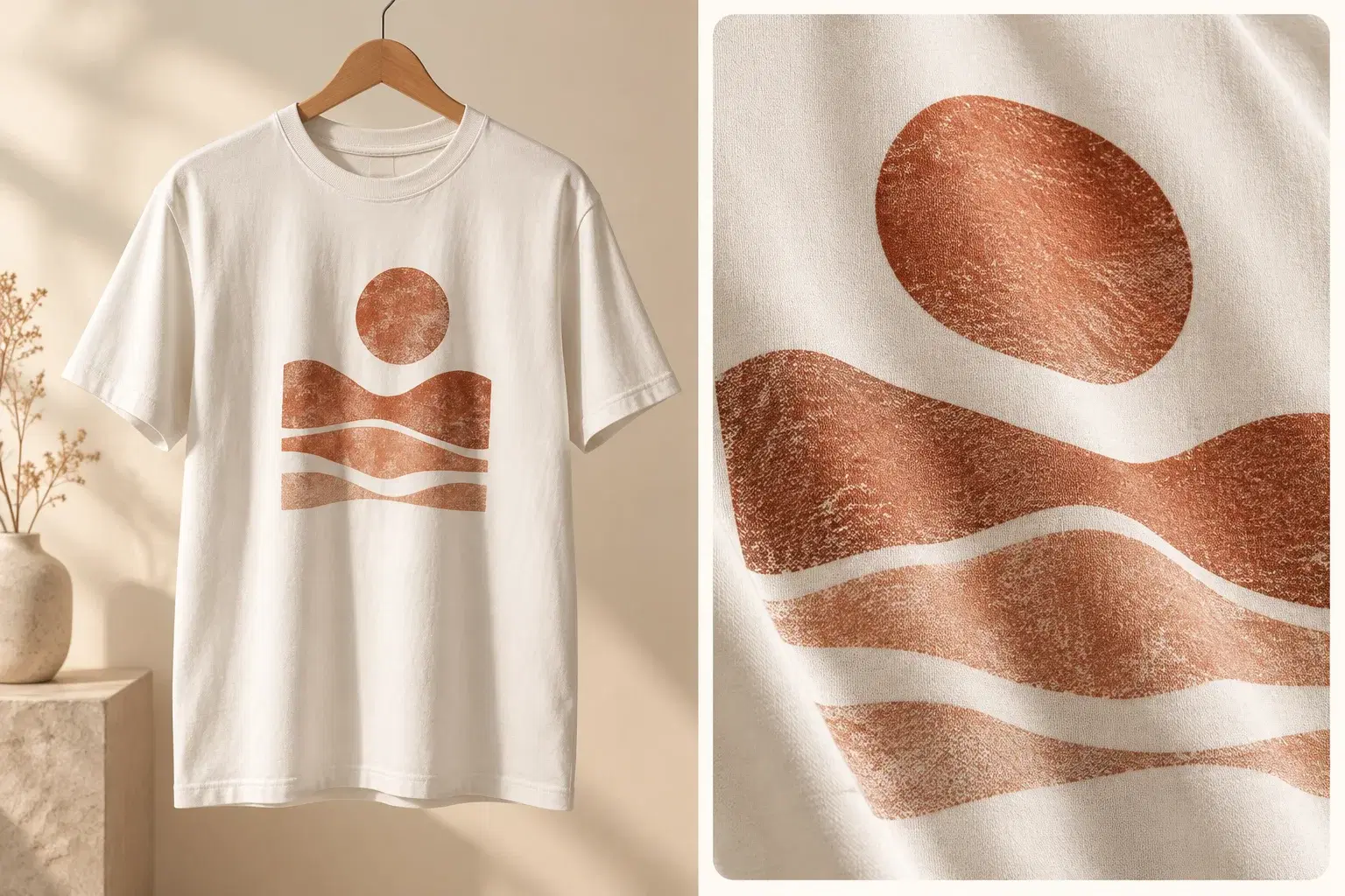A plain t-shirt blank on a hanger beside a close-up of print placement on the chest, warm paper studio backdrop