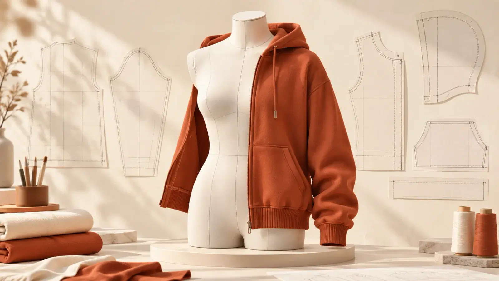Clean apparel-studio scene of a virtual garment being draped and fitted on a stylized avatar, warm paper background, 3D clothing-design software feel