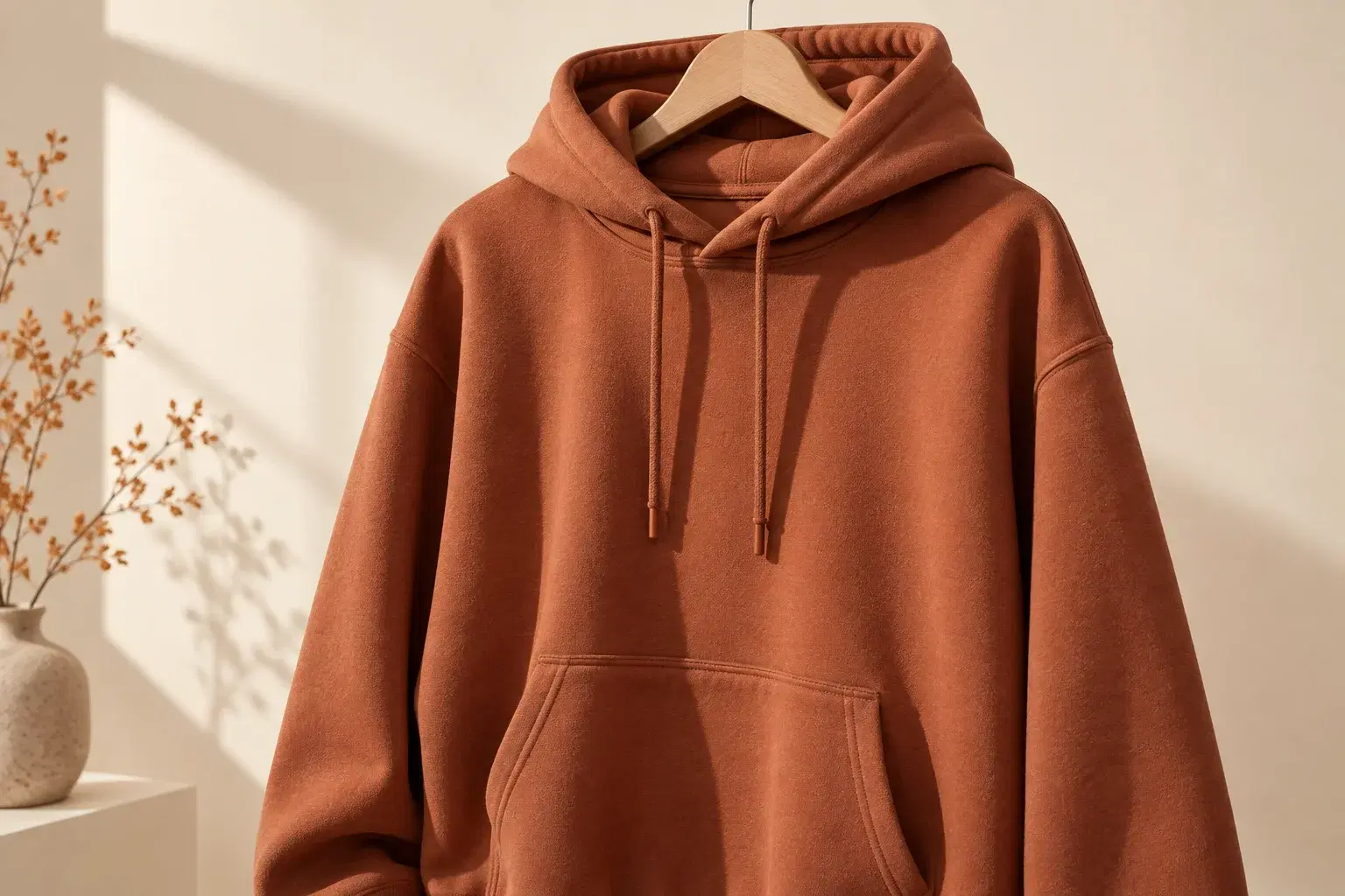 A heavyweight fleece hoodie hanging on a wooden hanger against a warm paper studio backdrop, close-up of the fabric drape.