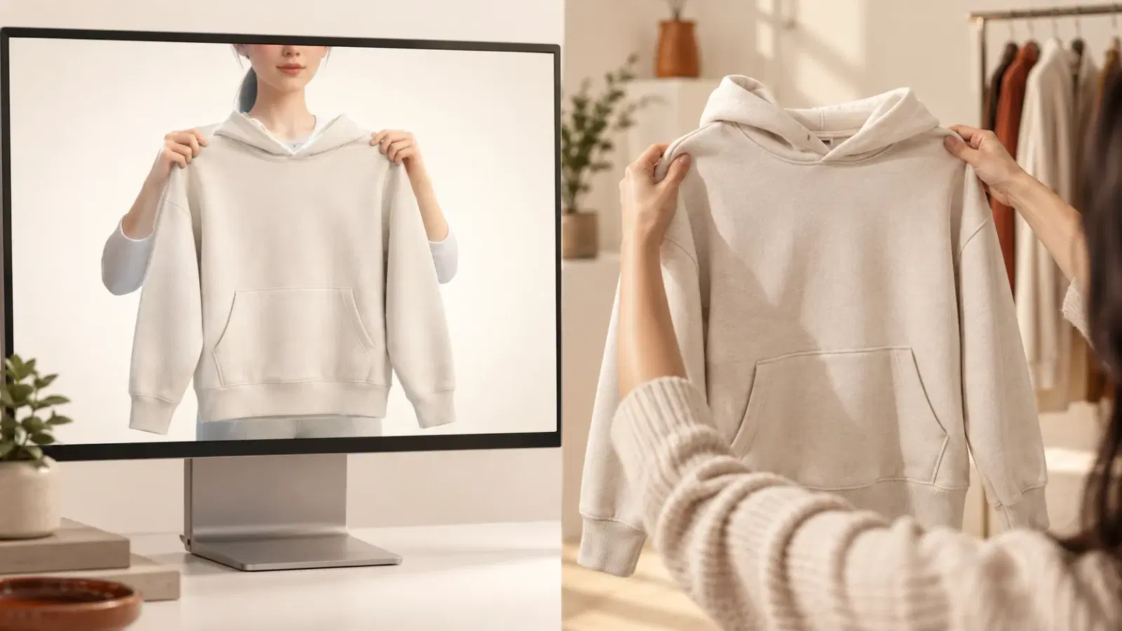 Split scene contrasting an AI avatar presenter holding a hoodie against a real creator photographing a garment, symbolizing the choice between AI UGC and real creator video.
