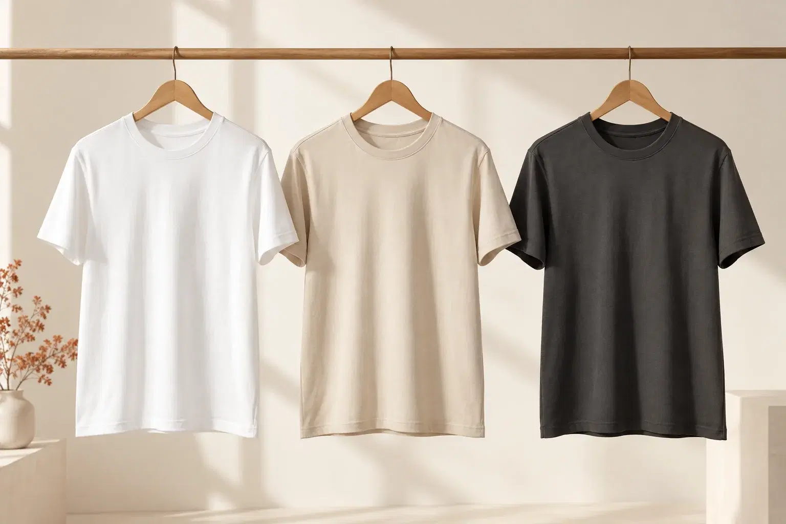 Three plain t-shirts in different colorways hanging in a row in a bright studio, suggesting AI-generated colorway variants from one real asset.
