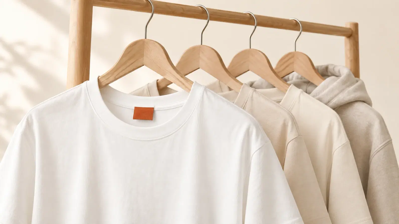 A clean apparel-studio scene of blank garments hanging on a rail, warm paper background, one accent-colored woven neck label folded over the top garment — the decision of which name will live on the label.