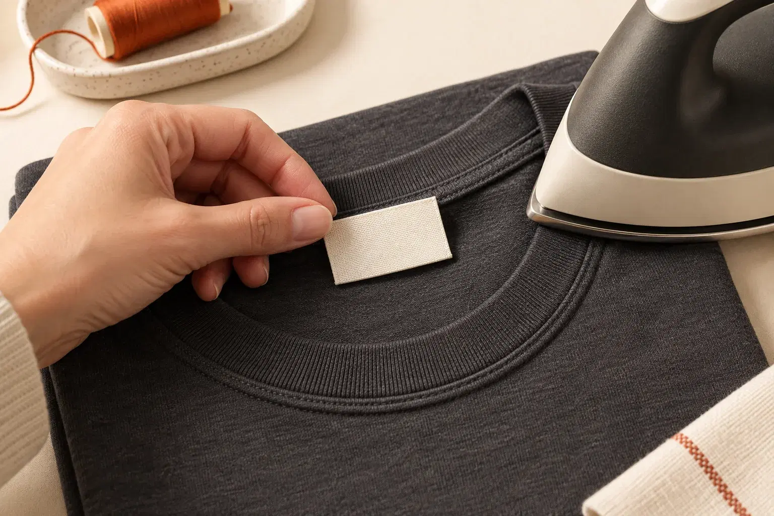 Close-up of a tailor's hand guiding a blank woven label being pressed onto a garment neck seam with a warm steam iron, soft studio light.