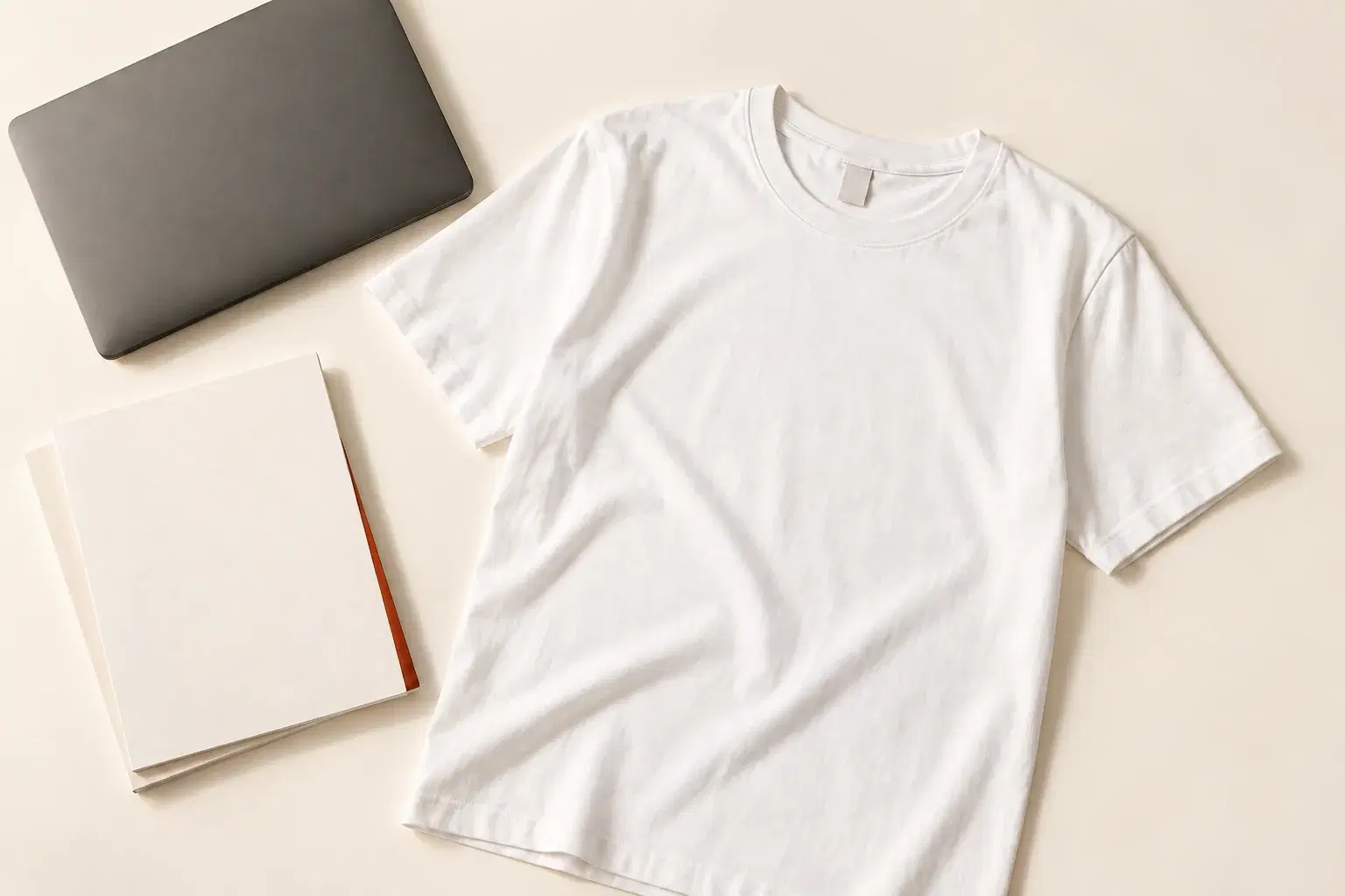 A laptop beside a printed blank t-shirt mockup on a studio desk, the garment laid flat showing a clean chest area where a name would sit, warm paper tones.
