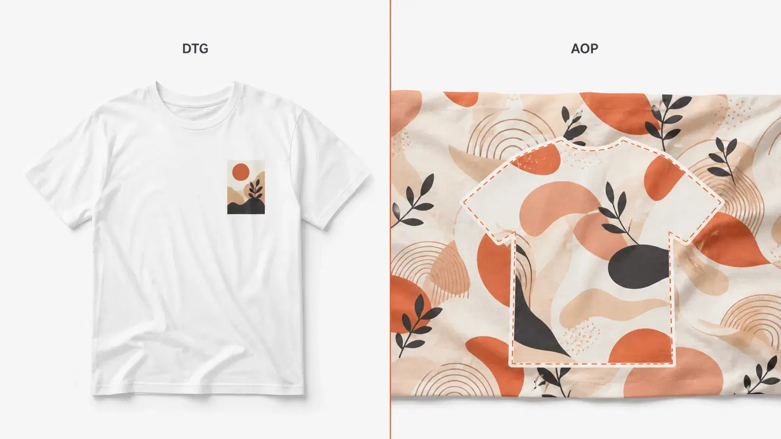 Side-by-side visual of direct-to-garment printing on a finished tee versus an all-over-print fabric panel being cut and sewn into a garment.