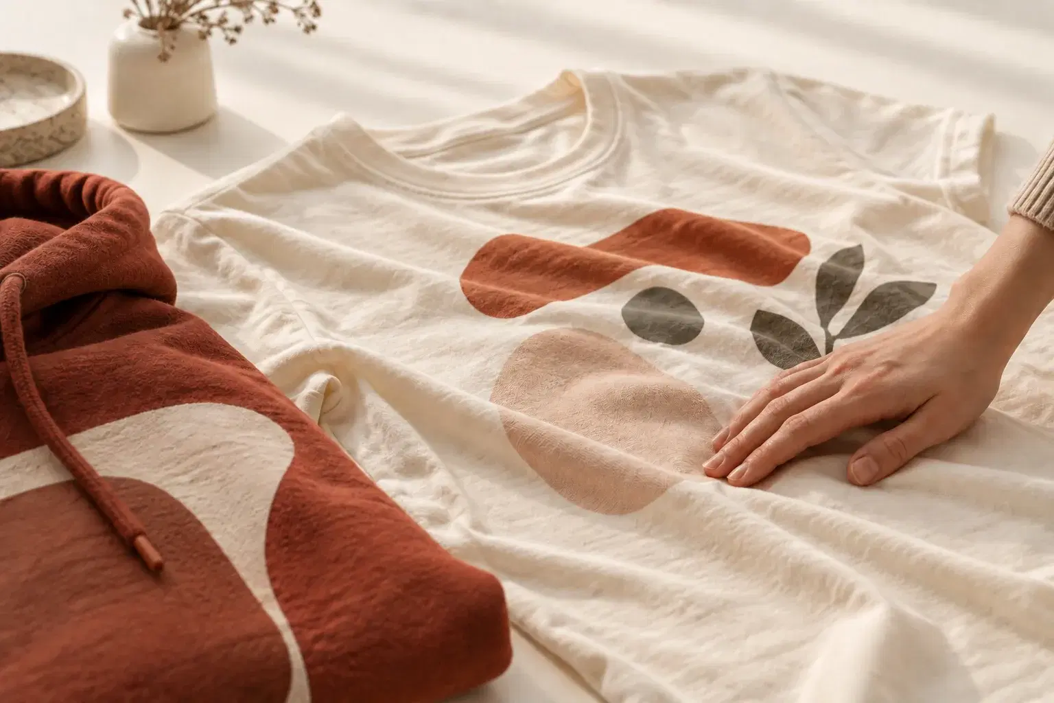 A hand running across a printed cotton tee to illustrate soft, absorbed hand feel — garment blank, no text — beside a slightly thicker transfer print edge on a fleece piece, no labels.