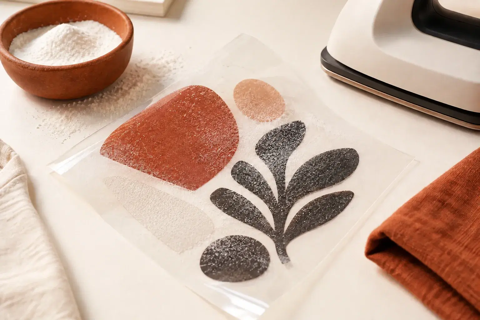 A close overhead shot of film transfer — a sheet of clear film with a printed design, dusted with fine adhesive powder, beside a small heat press — no text, no labels, no readable print.