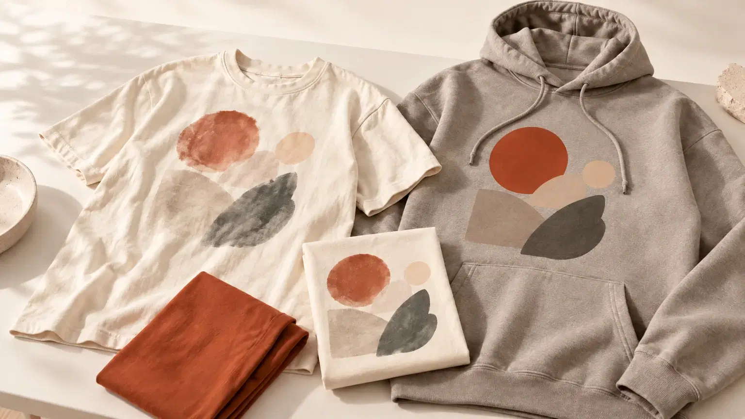 Two plain unbranded tees side by side on a warm studio table — one cotton tee with a soft-looking print, one poly-fleece hoodie with a crisp film-transfer print — the implication that the fabric picks the method, no text.