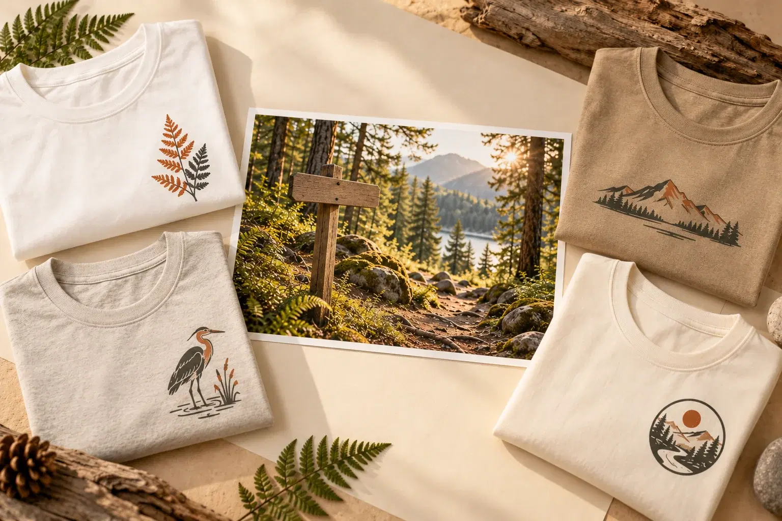 A single landscape photograph of a woodland trail sign sits at the centre on a warm paper surface, and around it four folded blank tee shirts each carry a different small screen-printed motif in earthy colours — fern, heron, mountain and a badge — reading as sibling designs from one anchor.