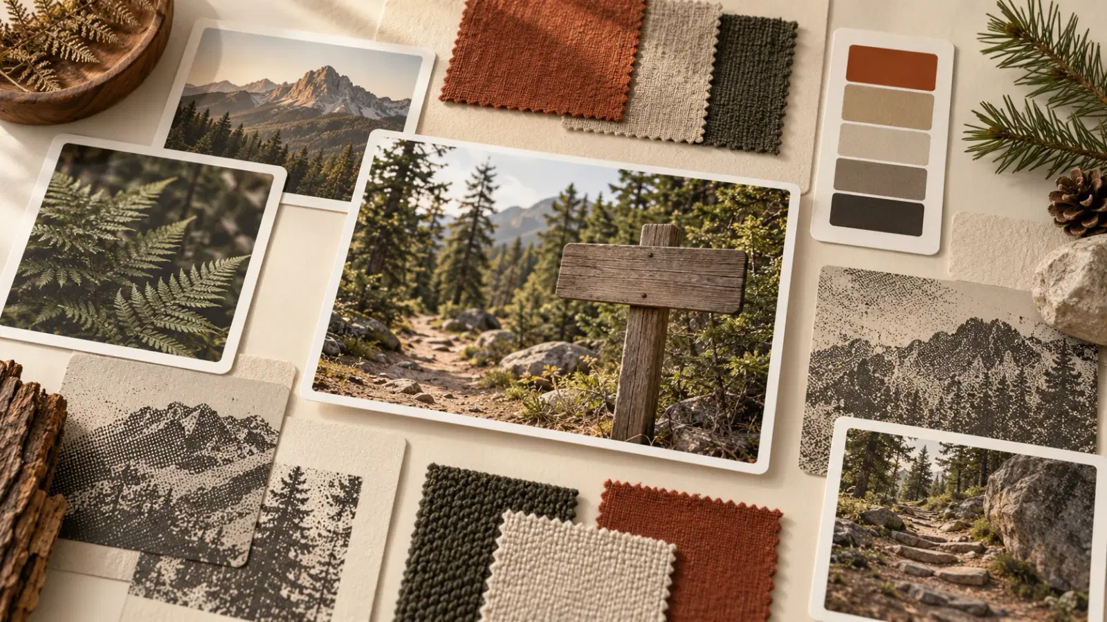 A warm paper studio desk where a fashion mood board is being assembled: a stack of photography prints, fabric and print-texture swatches, and palette chips laid out with one single central landscape photograph held slightly apart as the chosen anchor image.