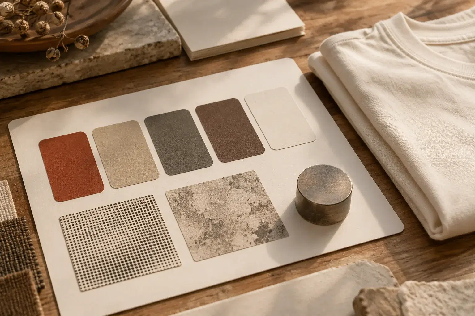 A close-up of a style-spec worktable: five paint-palette chips in rust, sand, slate, bark and bone, two screen-print texture swatches, and a small round slab-serif type specimen block, arranged beside a folded cream tee.