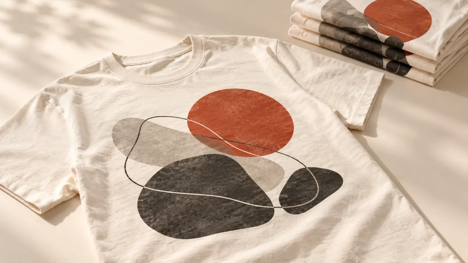 A single printed sample tee laid on a warm studio table in front of a neat stack of the same design, implying order a sample before bulk