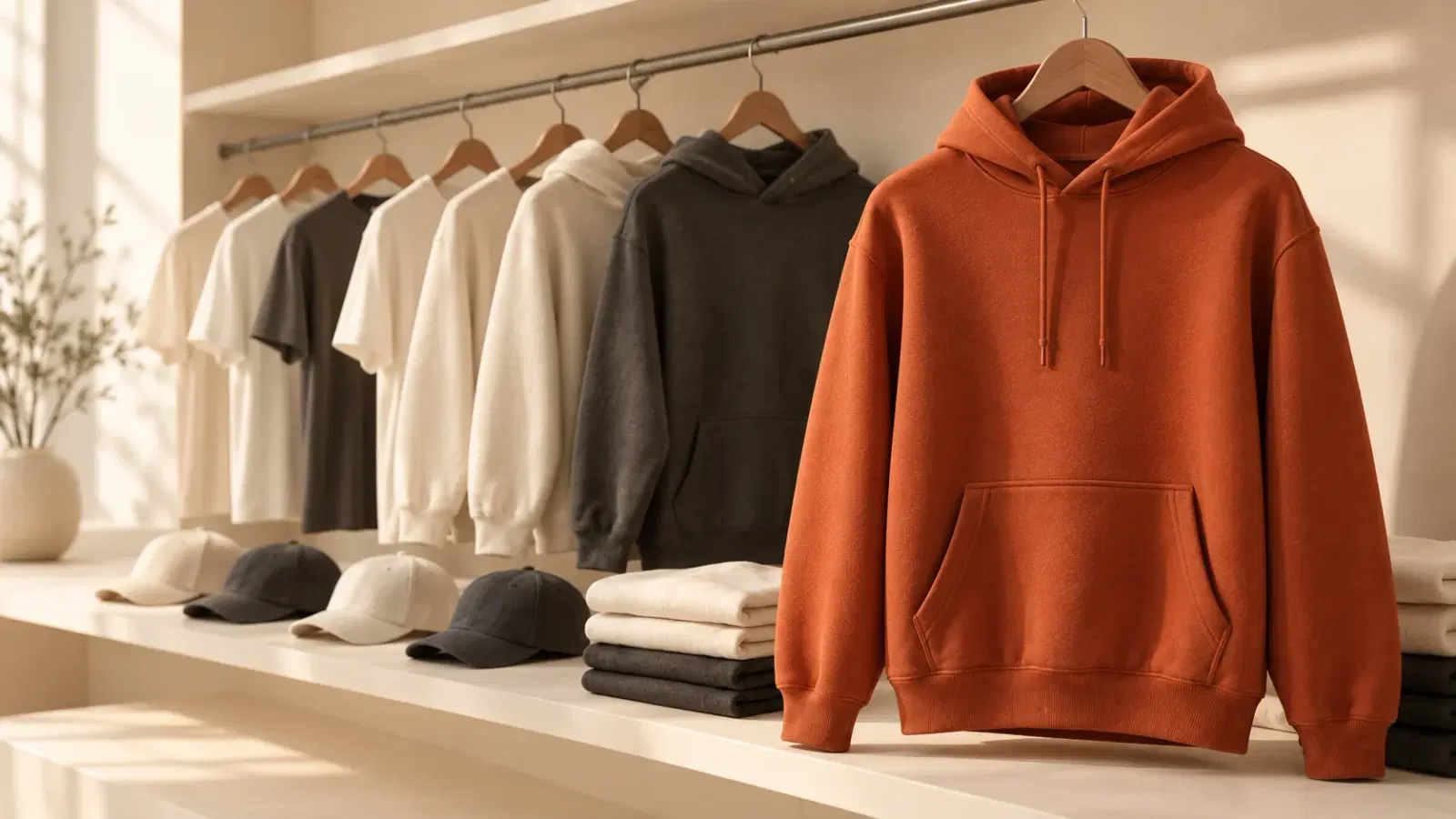 A row of plain t-shirts, hoodies and caps on a warm studio shelf narrowing from several to one highlighted garment