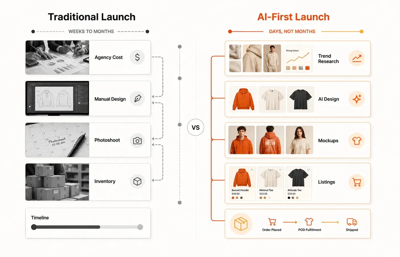 Traditional clothing brand launch compared with an AI-first launch workflow