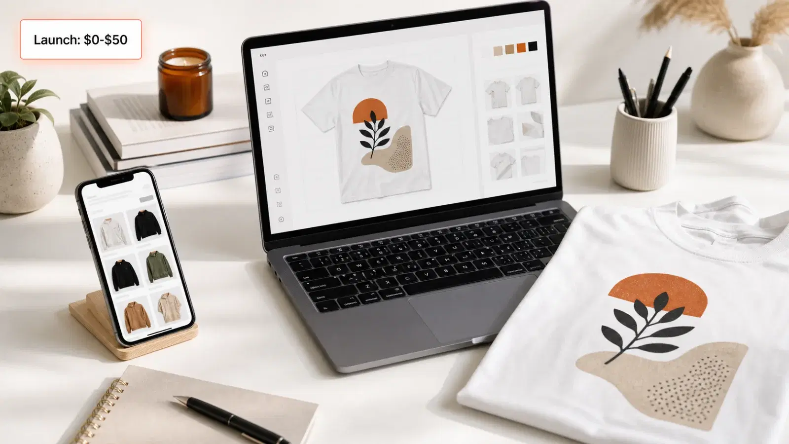 How to start a clothing brand with no money — print-on-demand, TikTok Shop, and AI tools on a clean desk with apparel mockups