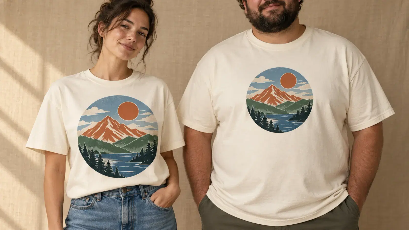 Two people of different builds wearing the same cream tee with the same mountain-and-sun front print, which covers less of the larger shirt