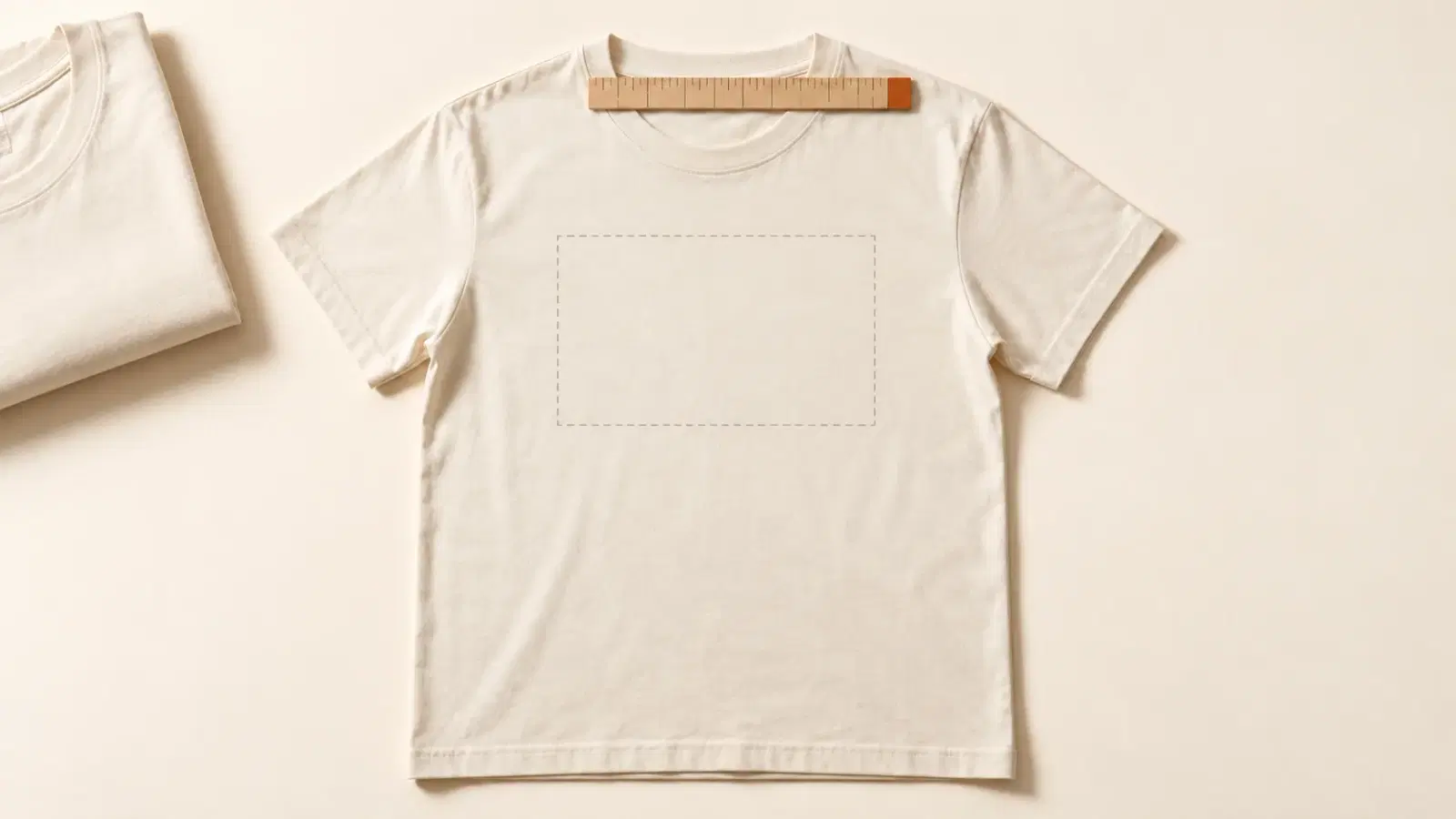 A blank tee laid perfectly flat on a table with a visible faint dashed rectangle printed on the chest to mark the print area, a collar ruler, and a mockup view of the same shirt hidden at the edge.