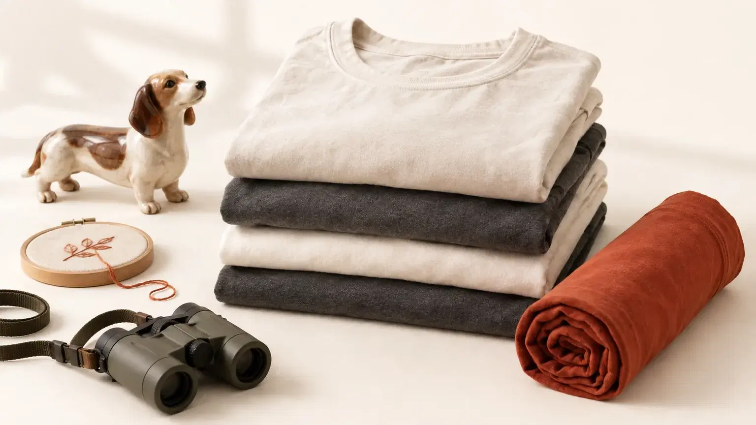 Warm apparel-studio editorial: a folded stack of blank graphite-wash tees beside small identity-objects (a dachshund figurine, a quilting hoop with thread, binoculars) on warm paper background — no text, no labels.