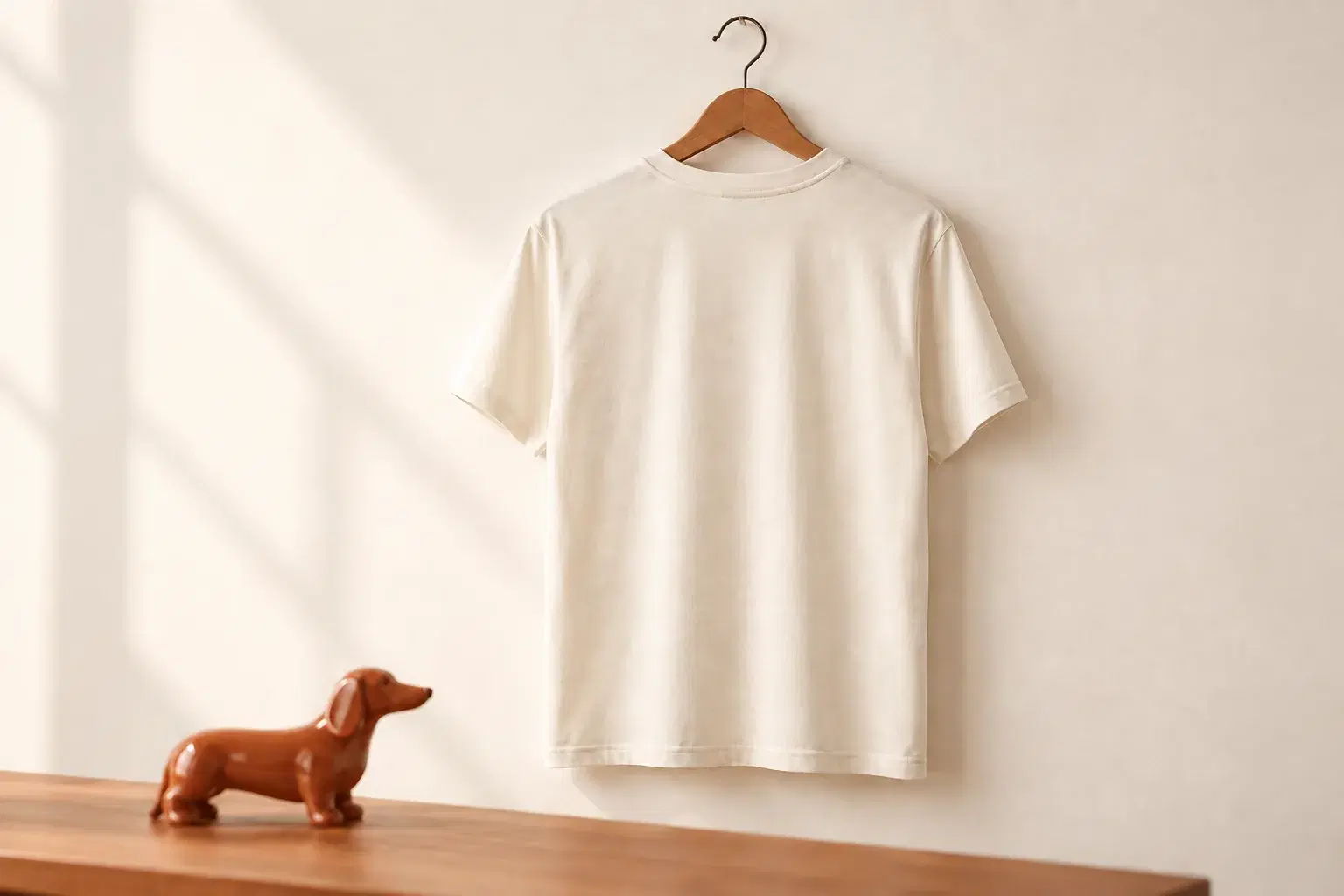 Close editorial shot of a plain tee hanging with its design facing away from camera; beside it a single small object (dachshund figurine) — no text, no print legible.