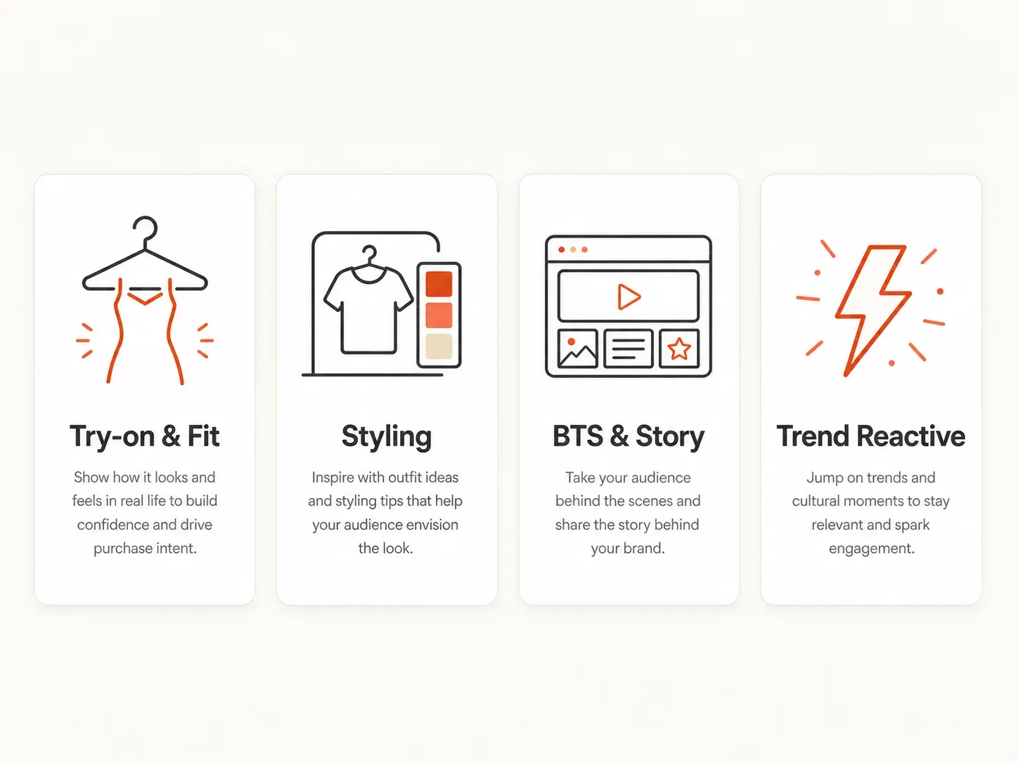 Four TikTok content formats for clothing brands: try-on and fit, styling, behind-the-scenes brand story, and trend-reactive videos