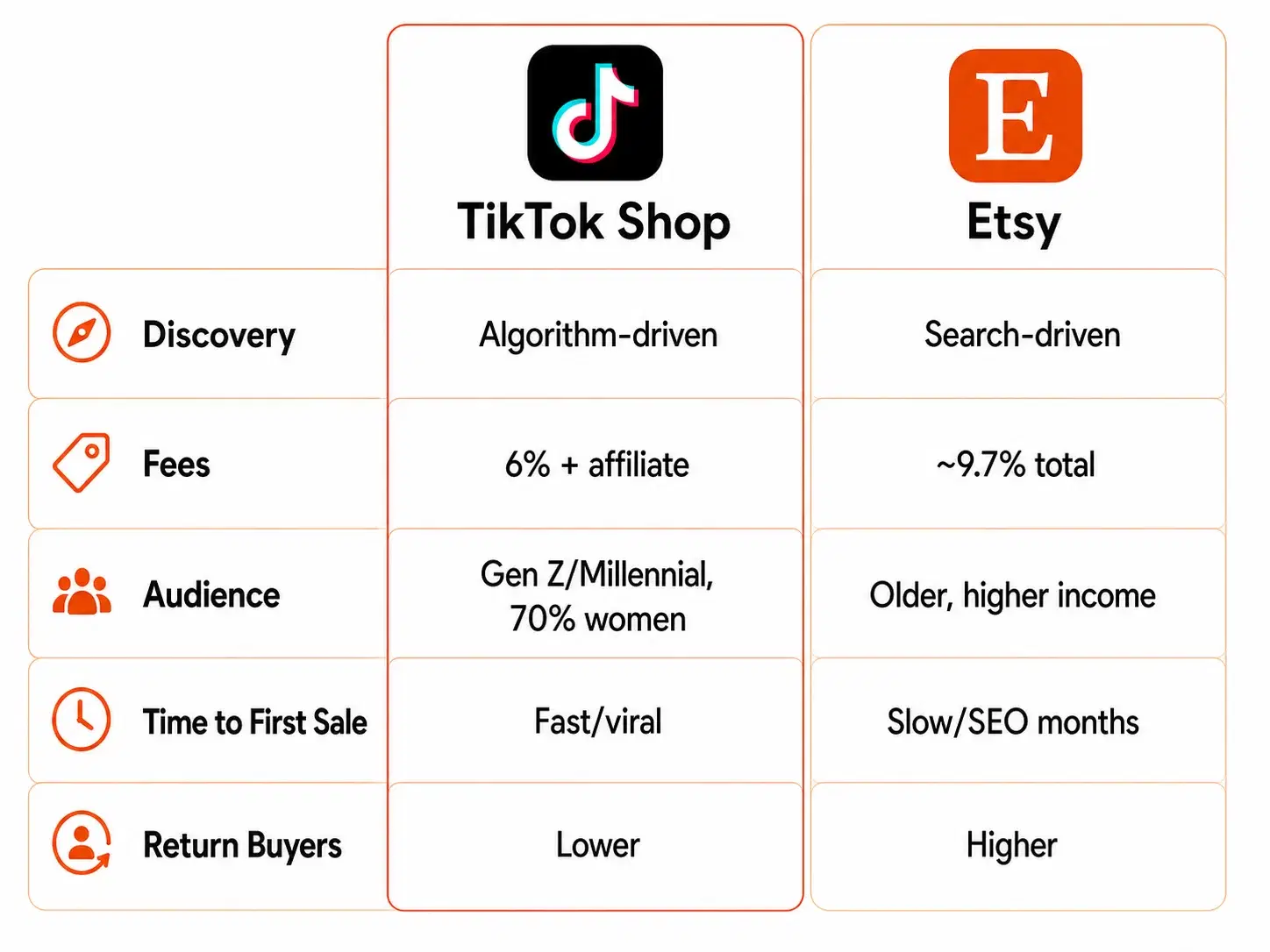 TikTok Shop vs Etsy comparison for clothing brands across discovery model, fees, audience, time to first sale, and return buyers
