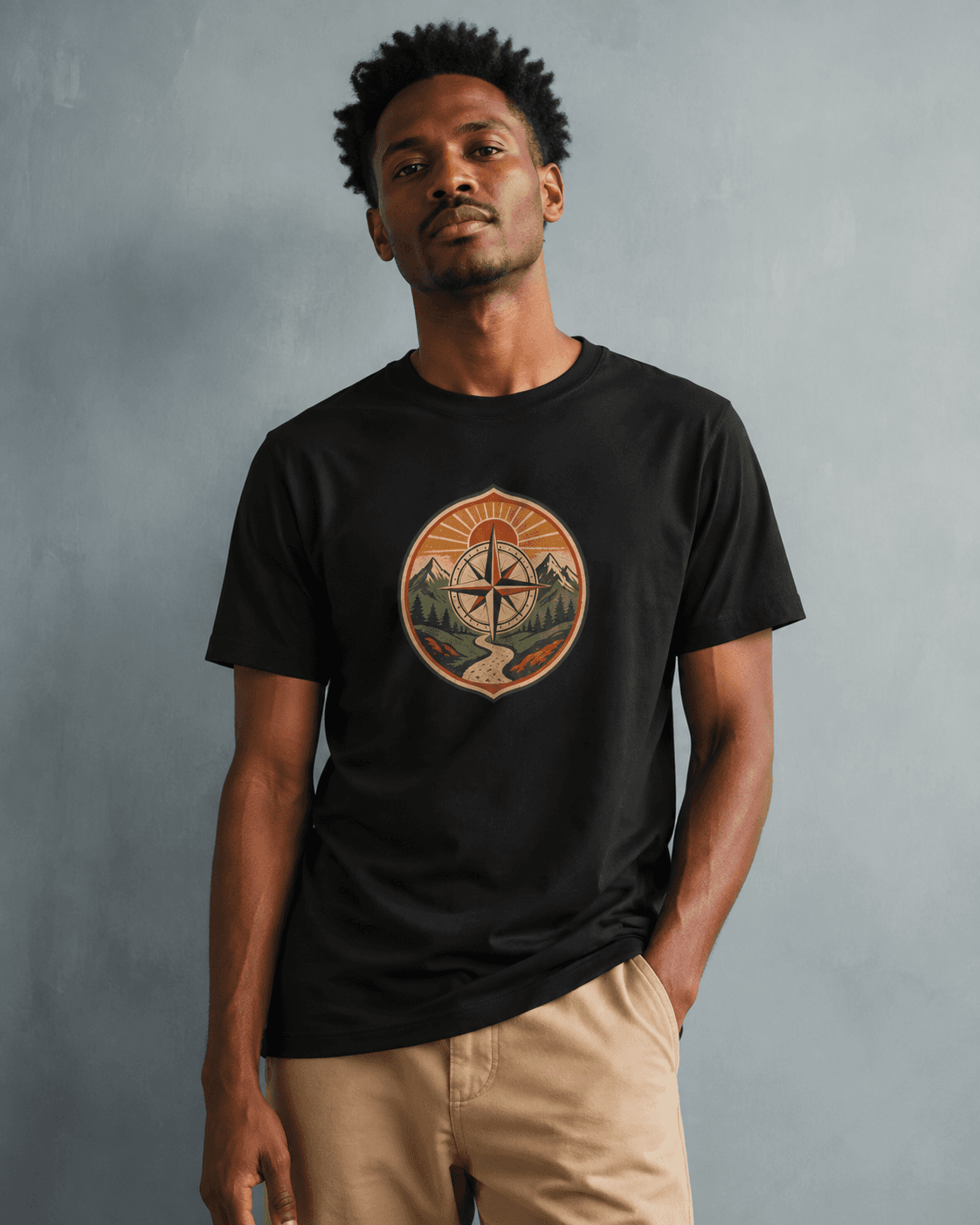 A black compass-print tee styled with sand trousers in a blue-grey studio