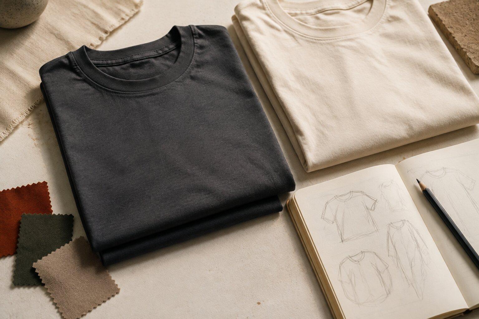 An editorial illustration of folded tees, fabric swatches, and a notebook on a worktable