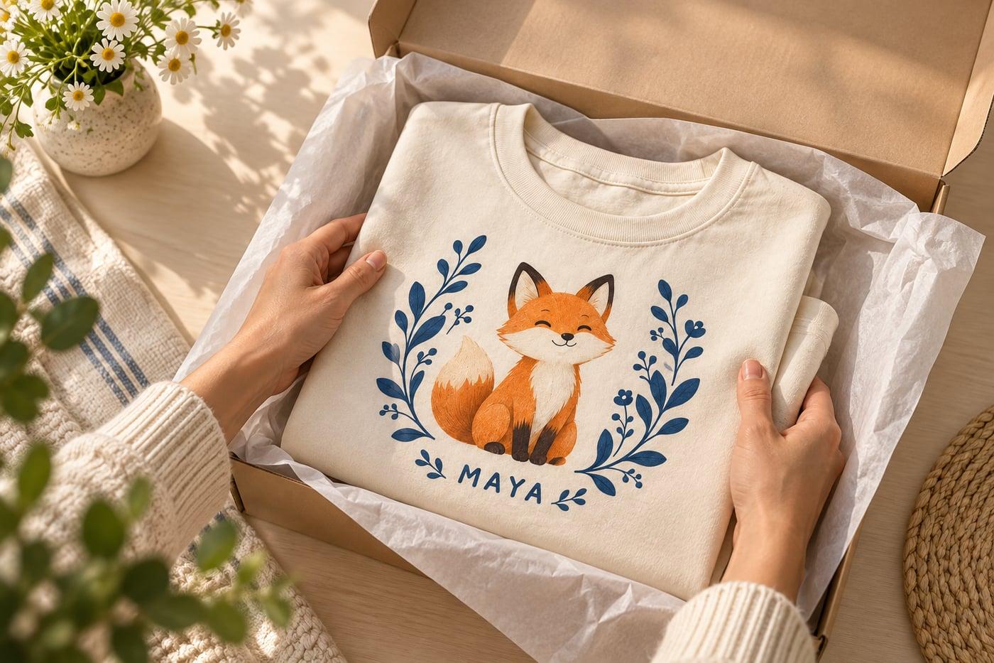 Hands packing a printed tee into a mailer box