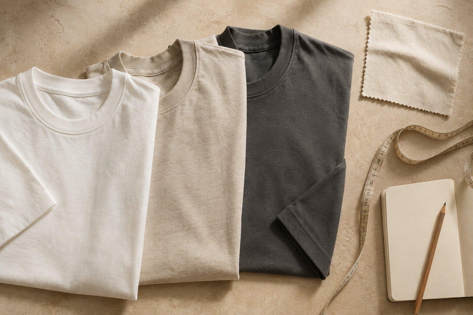 Three unprinted tees with a fabric swatch, measuring tape, and notebook on a sample-planning workbench