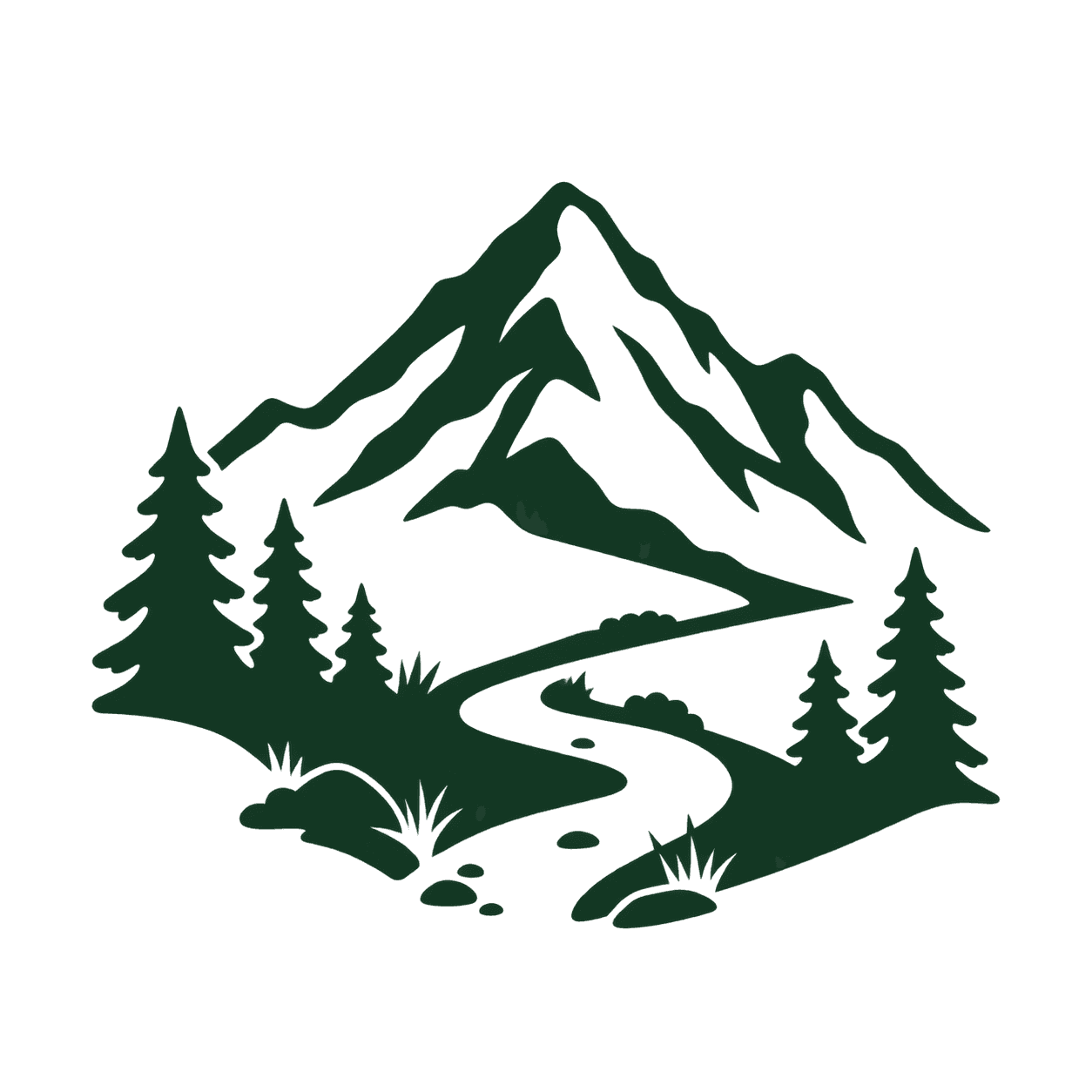 Green mountain and winding trail with pine trees, grasses, and small stones