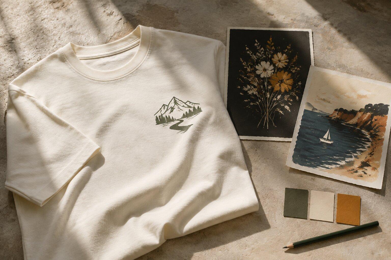 A cream tee, botanical artwork, a coastal illustration, and color swatches on a design workbench