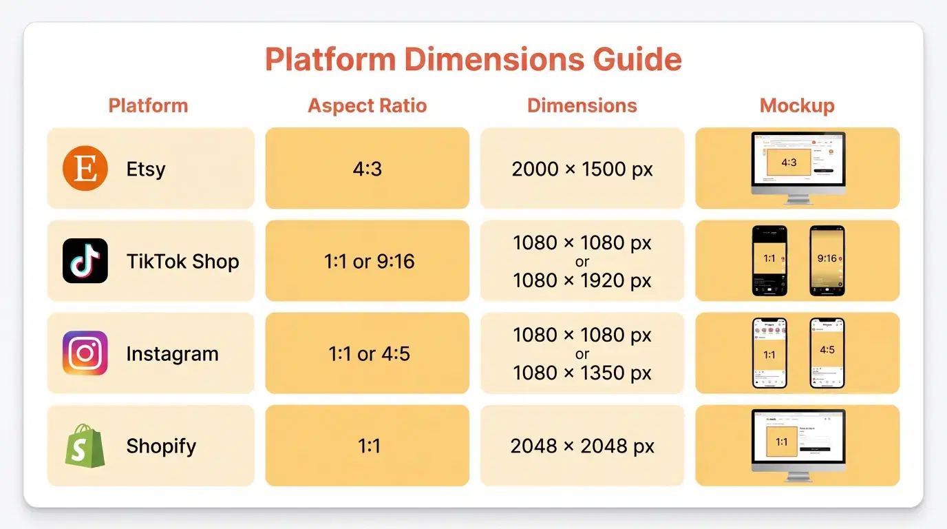 Platform dimension guide for Etsy, TikTok Shop, Instagram, and Shopify