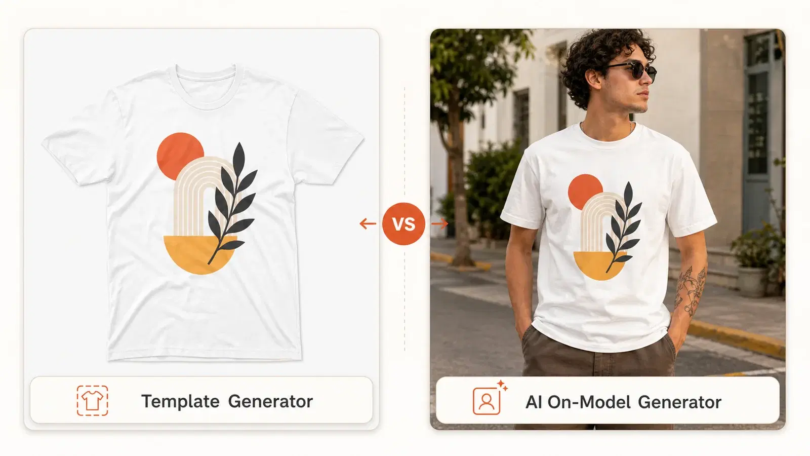 Making clothing mockups with AI — a t-shirt design shown as a clean white-background product shot beside a lifelike AI on-model image