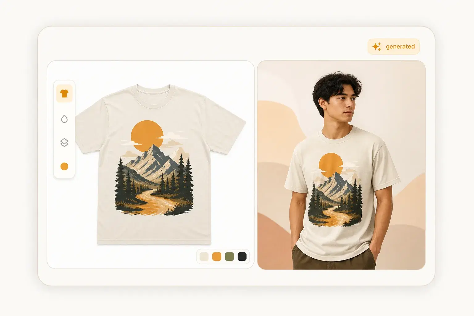 AI mockup placing a clothing design on a virtual model, no photoshoot or camera needed