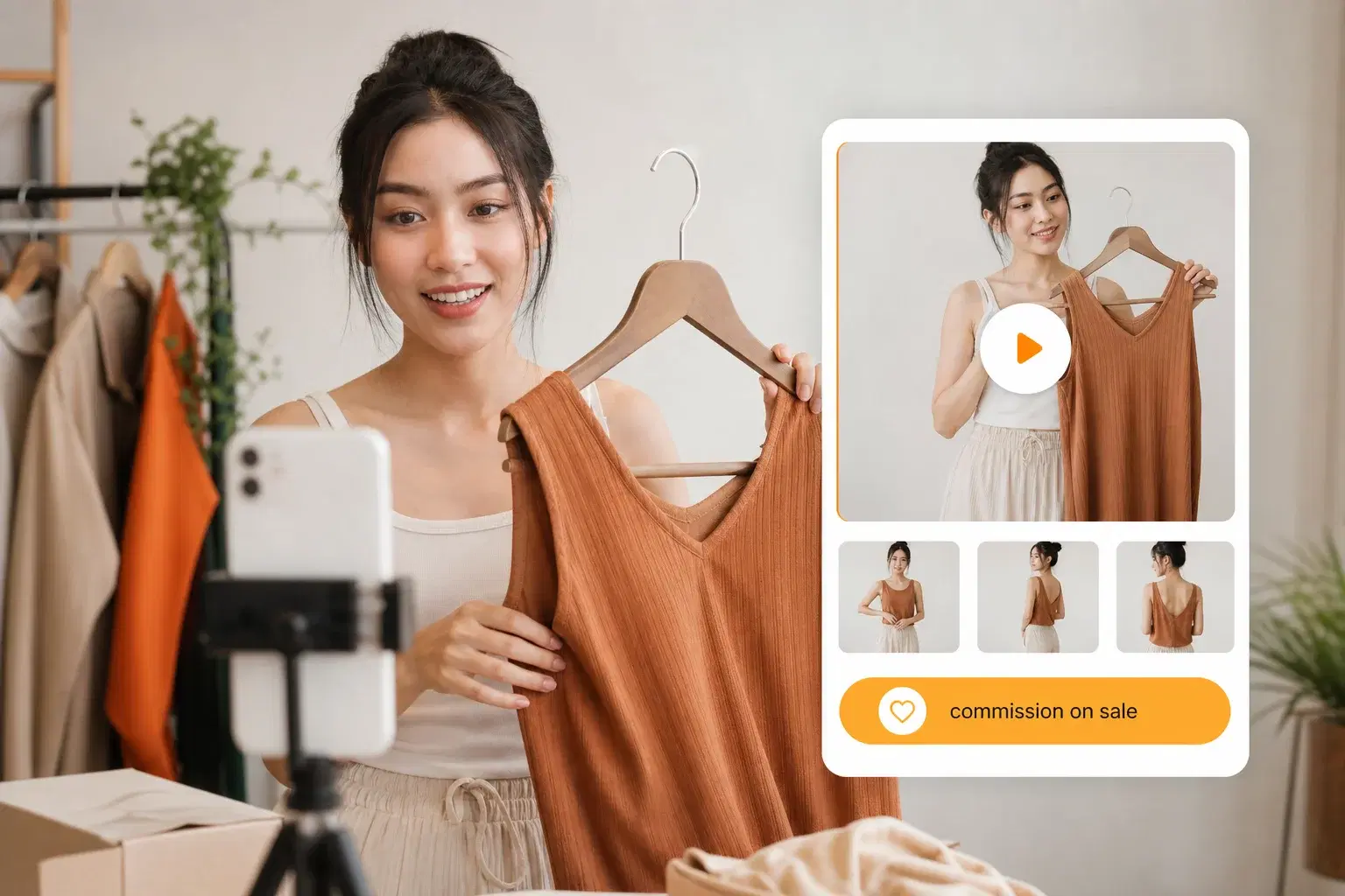 Creator affiliate filming a TikTok Shop video for a beginner clothing brand, pay-per-sale model