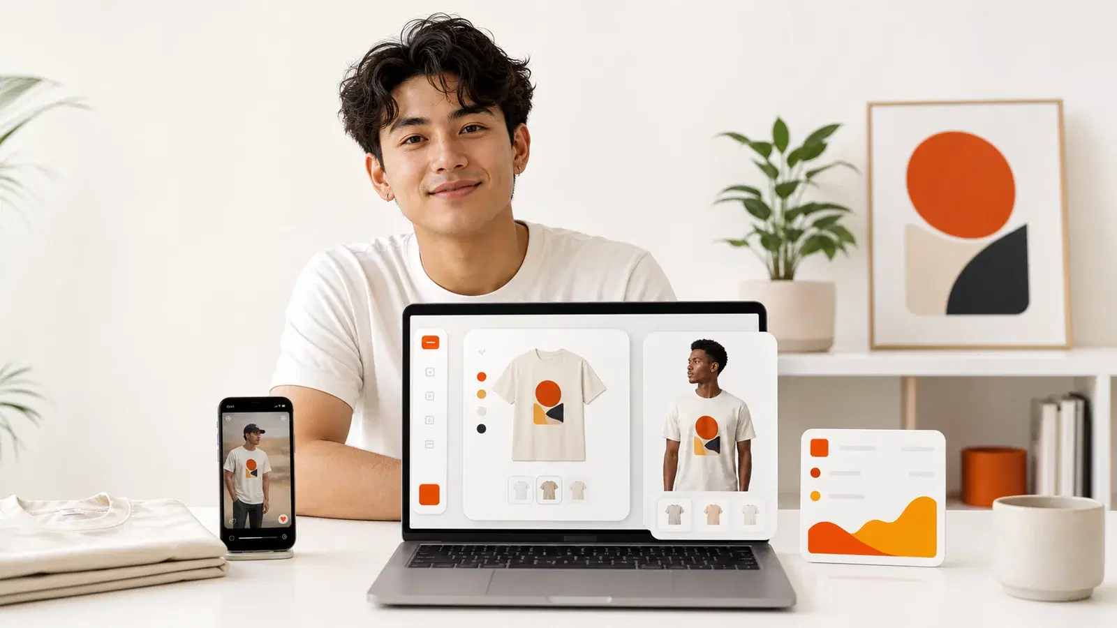 Beginner starting a clothing brand with no experience using AI design and print-on-demand on a laptop