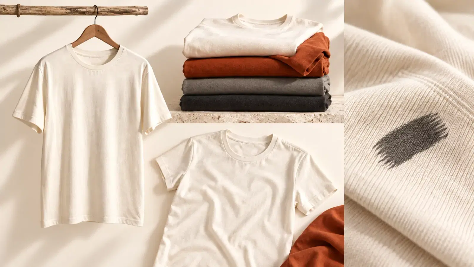 Borderless apparel-studio composition showing a cream tee on a wooden hanger, a styled folded stack, a tee flat lay, and a close cotton-and-print detail, with a terracotta accent and no text or UI.