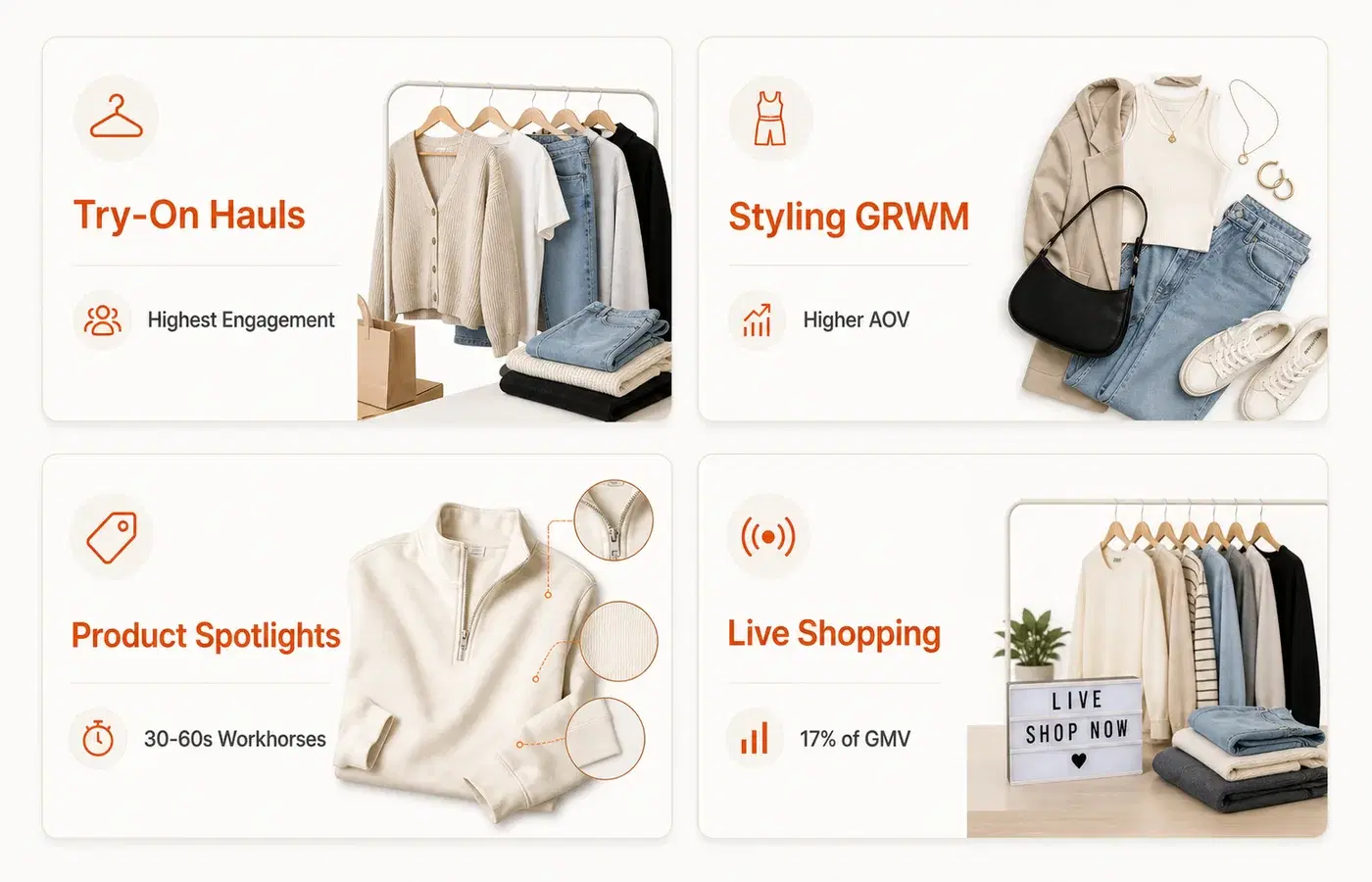 Four-panel graphic showing TikTok Shop content formats that work for clothing brands: try-on hauls, styling videos, product spotlights, and live shopping