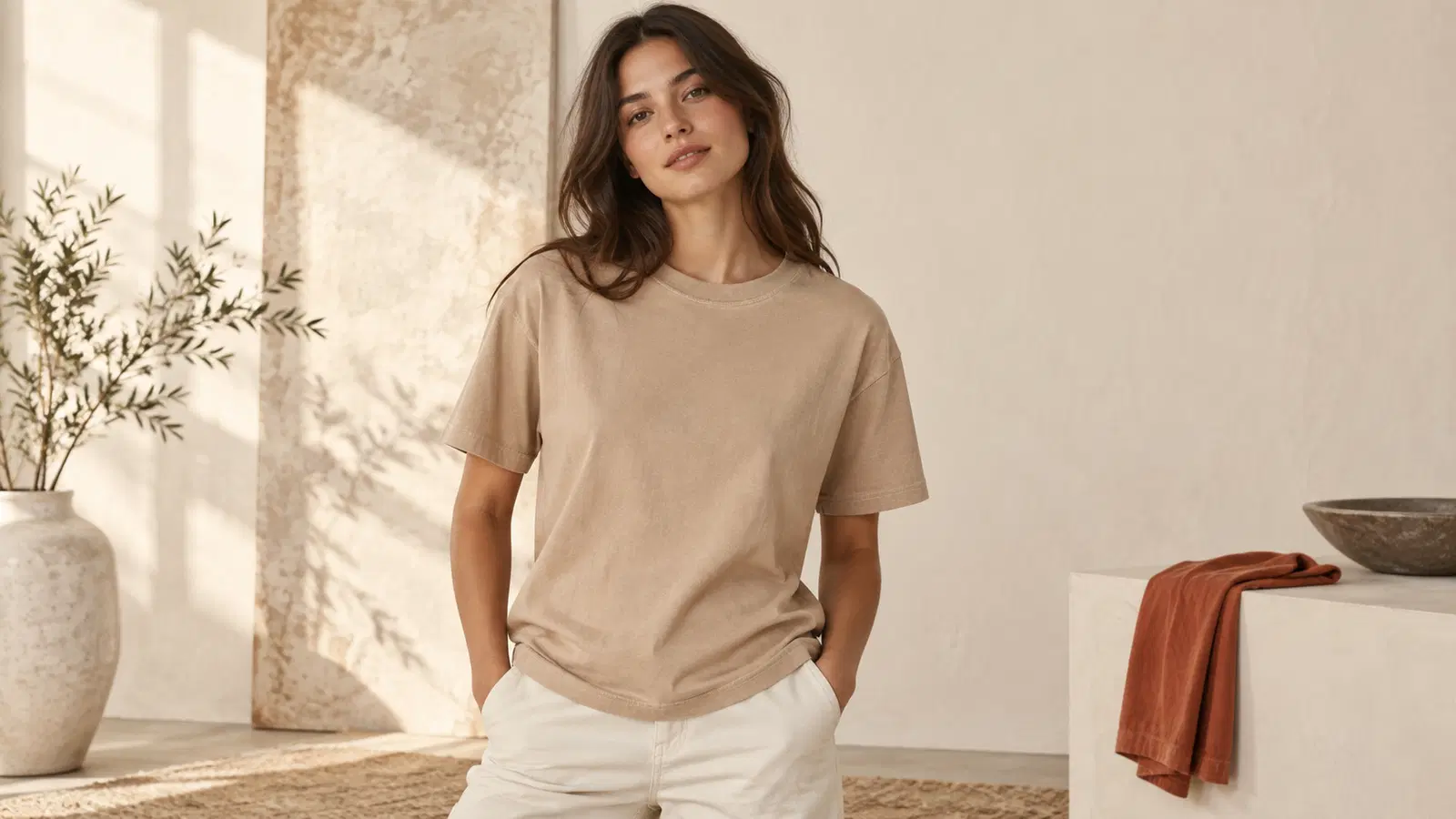 A single AI-generated fashion model wearing a clean over-dyed tee across an editorial studio setting, shown front and a hint of side angle — the same person, consistent across the frame, no model agency or shoot.