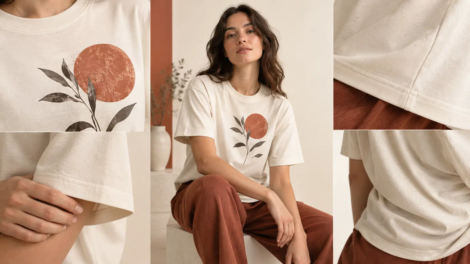 A top-down apparel-studio check of a single on-model tee image against side-by-side canvas thumbnails — fabric drape, print fidelity, hands and seam detail emphasised by framing, no text.