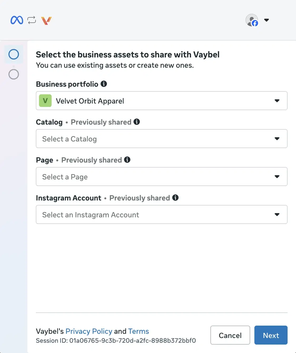 Meta dialog asking which Business portfolio to share assets from, with an option to create a new one.