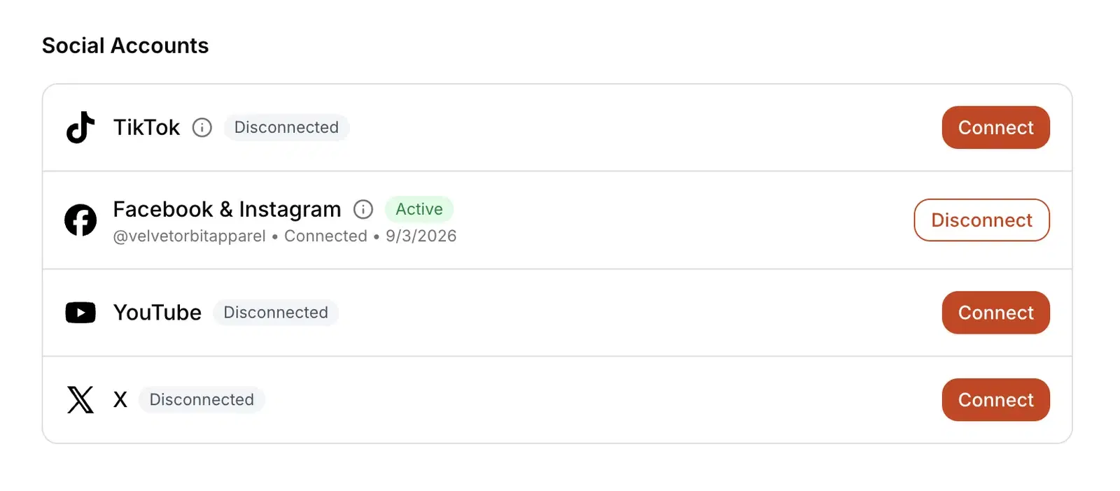 Vaybel Integrations page showing Facebook & Instagram as Active with the connected Instagram handle.