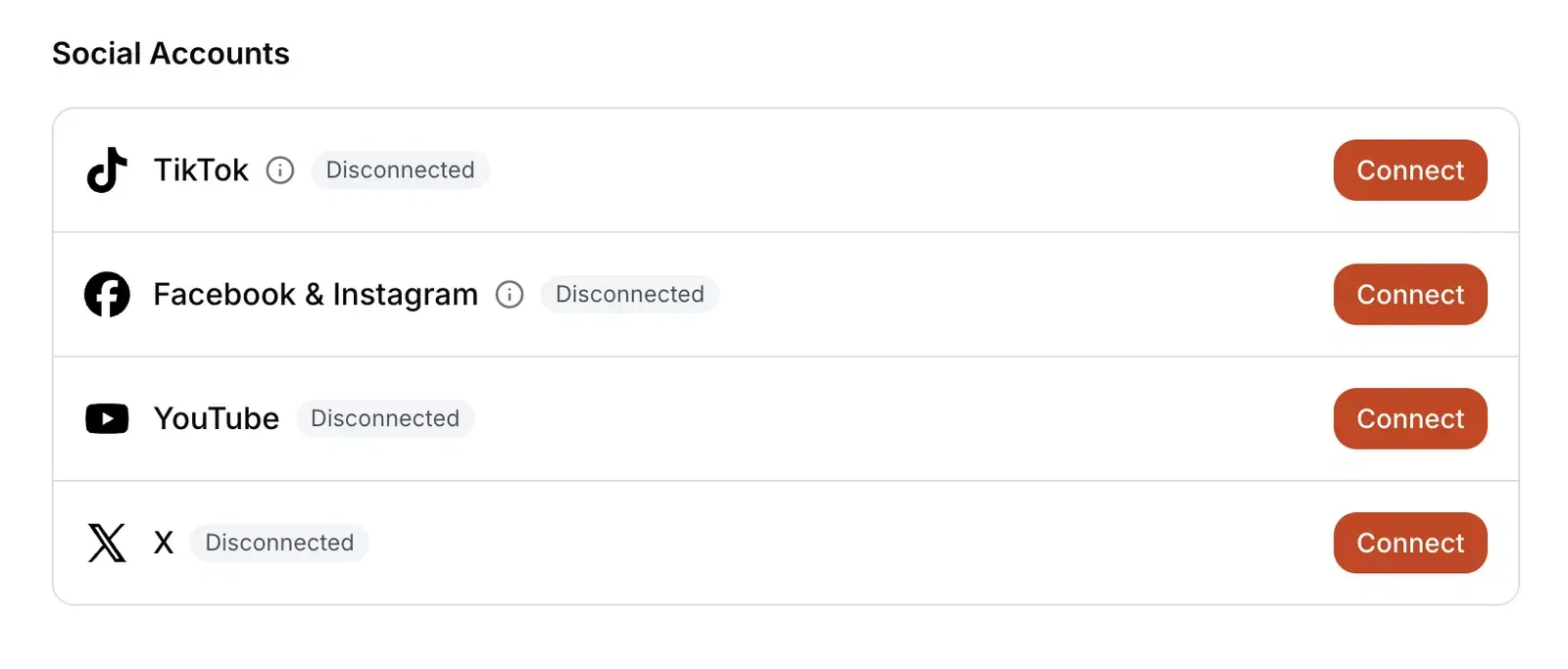 Vaybel Settings, Integrations page showing the Facebook & Instagram row under Social Accounts with a Connect button.