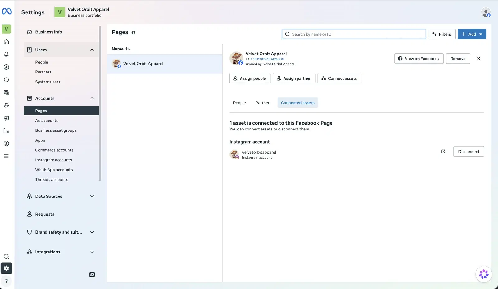 Meta Business Settings showing a Facebook Page's Connected assets tab with an Instagram account connected.
